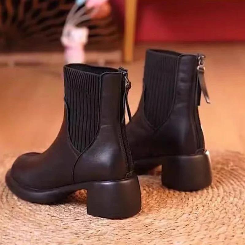 Зимние кожаные женские зимние ботильоны на среднем каблуке в стиле ретро, дизайнерские ботинки челси 2024 года, классические массивные туфли в готическом стиле, женские ботинки