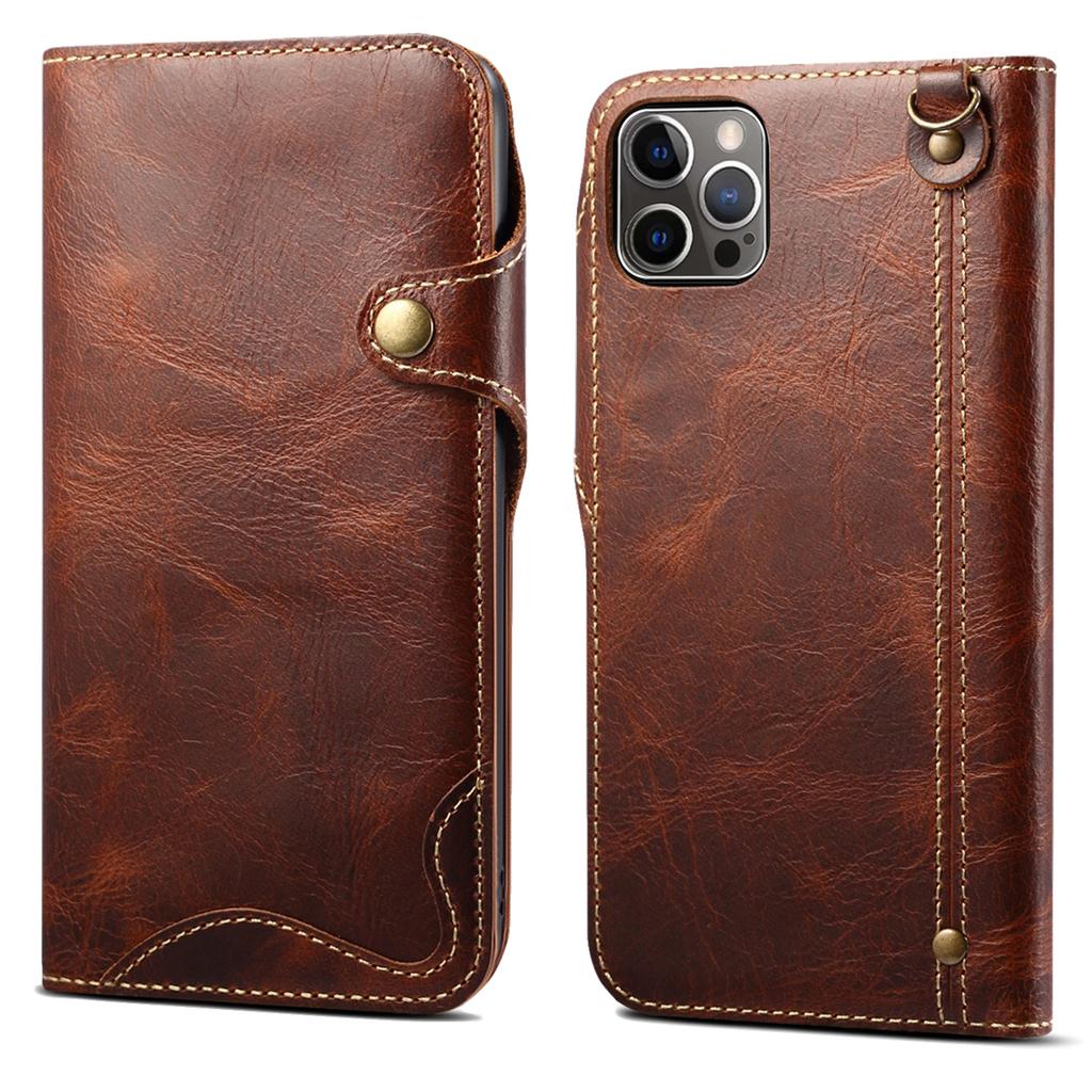 Wallet Phone Shell for iPhone 14 Pro Case Waxy Genuine Cow Leather Cover with Card Slot
