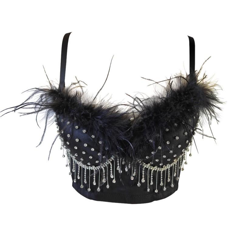 French Style Feather Strap Bralette Sexy Off Shoulder Party Tassel Bustier Women