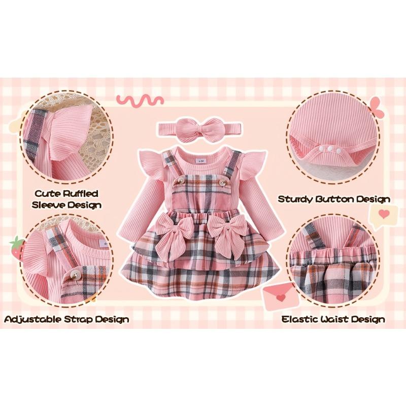 Baby Girl Clothes Newborn Infant Long Sleeve Jumpsuit with Headband Outfits Set 3pcs Bow Fall Winter 0-18 Months, for Outdoor