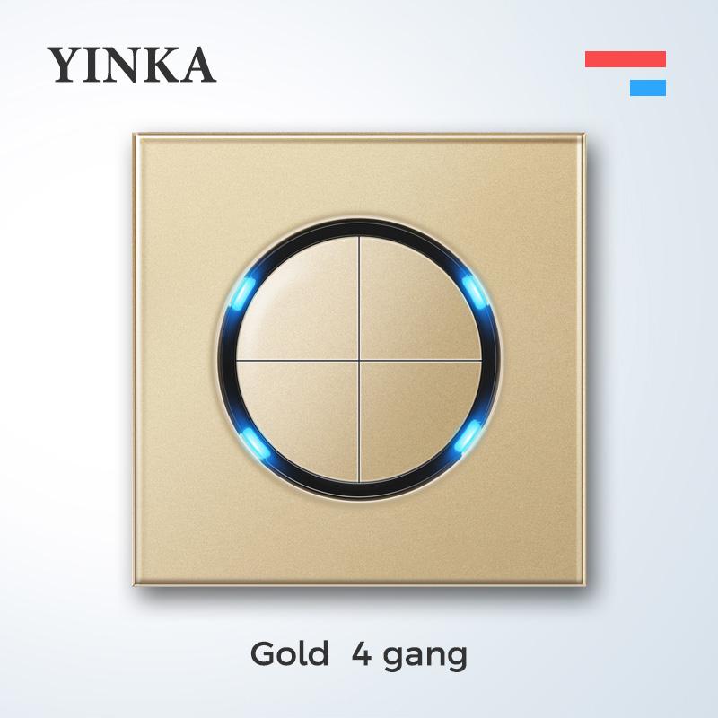 YINKA Universal Round Tempered Glass Home Wall Switch Panel LED Indicator Black/Grey/Gold/White 250V 86mm*86mm Wall Light Switch 3
