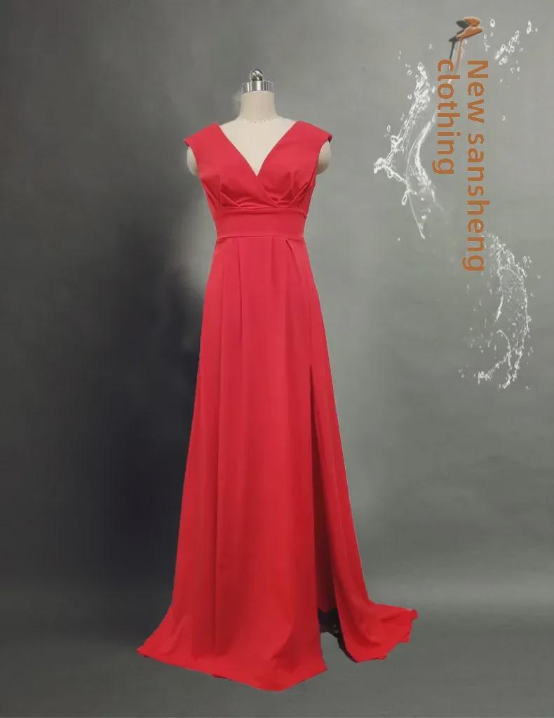 Вечернее платье Cross-Border 2024 года с оборками красного, черного и белого цвета и средней длиной талии