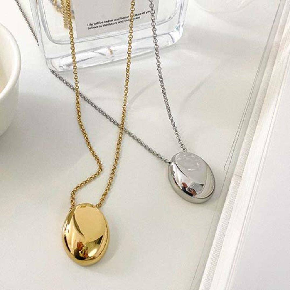 Large Oval Long Sweater Chain Metal Smooth Glossy Droplet Pendant  Autumn Winter