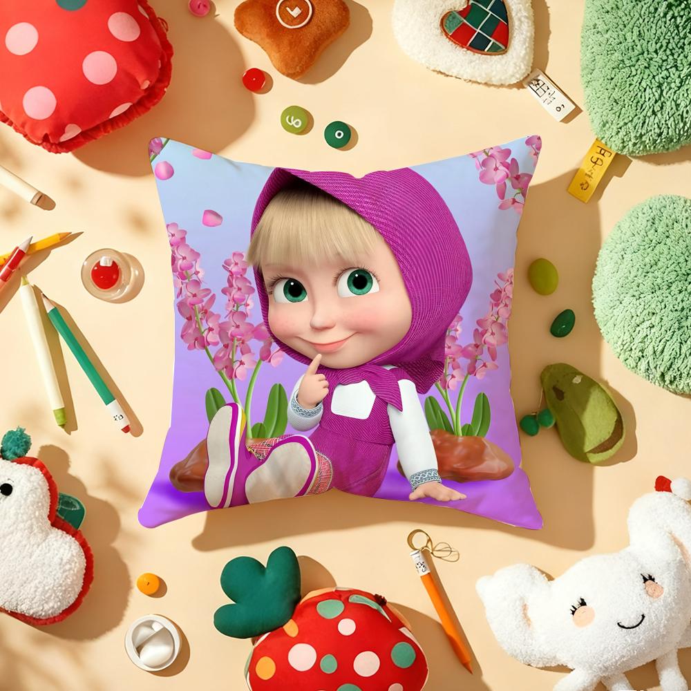 Anime MMasha And The Bear Cushion Cover Plush Fabric Soft DoubleSided Printed Sofa Warm Winter Home Gift Pillow Cover