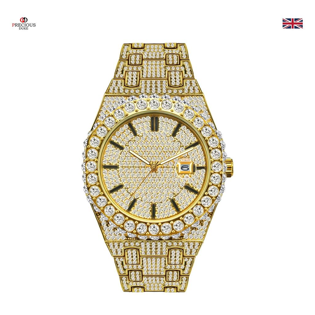 Men's Iced Out Watch 42mm Analog Quartz Watches with Rhinestone Inlay Zinc Alloy Bracelet Hip Hop Bling Luxury Wristwatch with Date Display