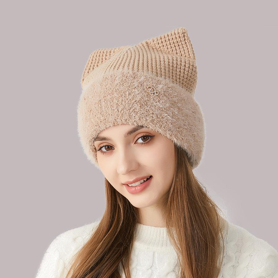 Женская зимняя вязаная шапка с кошачьими ушками, толстая защита ушей, однотонная шерстяная шапка с рукавами, шапочки с черепами
