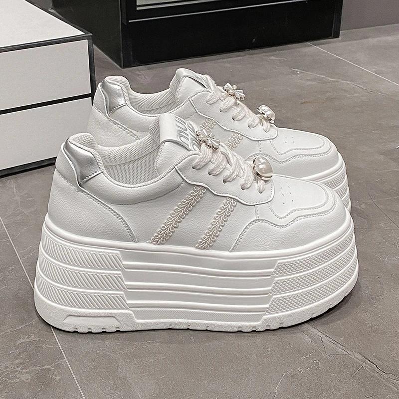 Модные 8 см Кожаные Балетки Повседневные Папины Кроссовки Массивные Кроссовки Женская Платформа Спортивная Обувь Женская Обувь для Скейтборда Скрытые Каблуки Обувь Теннис