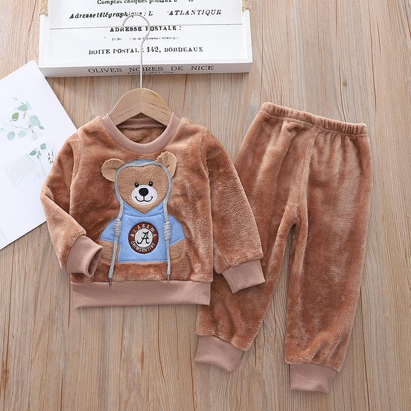 Children's Autumn and Winter Pajamas with Cartoon Bear Flannel Set of Home Clothes