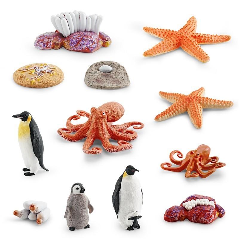 Реалистичный набор моделей жизненного цикла морских животных с изображением осьминога, пингвина и морской звезды