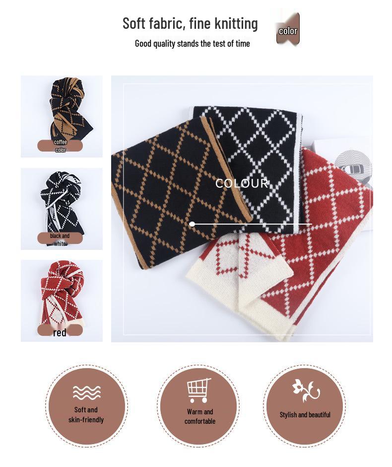 Шарф в клетку винного цвета: Теплая, универсальная шаль для осени/зимы, корейский стиль, имитация кашемира.