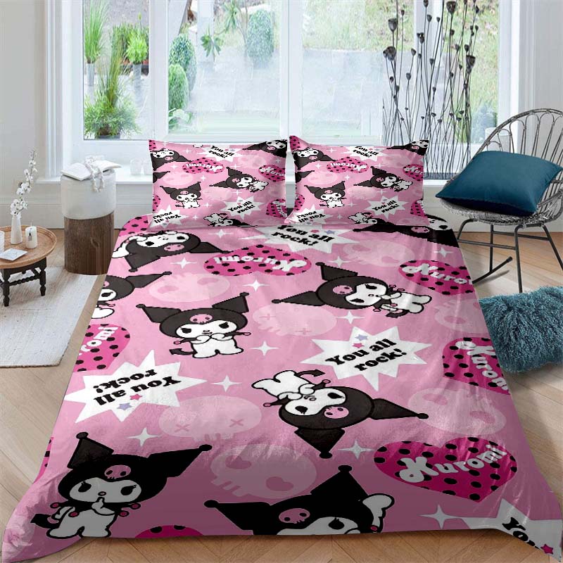 3D Printed Kuromi Cartoon Three-piece Bedding Set, Duvet Cover Set, Includes Pillowcases, No Filling.