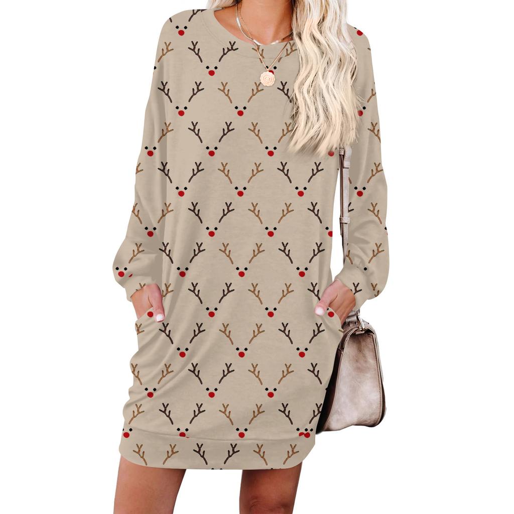 Женское модное платье с ретро-принтом, с длинным рукавом, круглым вырезом и карманом