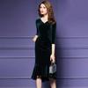2022 Autumn/Winter Women's Gold Velvet V-Neck Slim Fishtail Dress