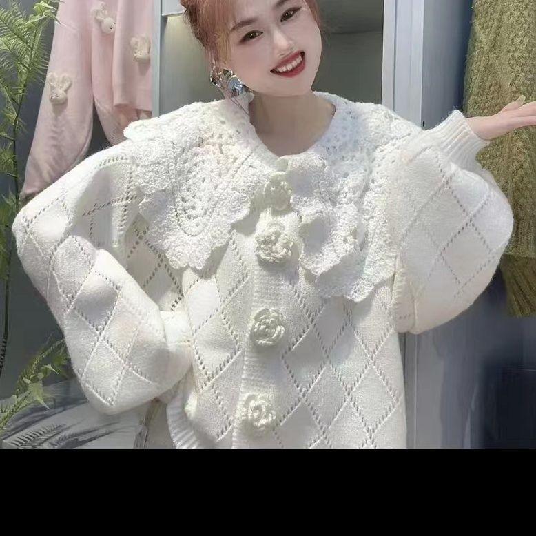 Кардиган свитер женский трехмерный цветок вязаный кружевной вышивкой кукольный воротник свободный милый корейский свитер кардиган