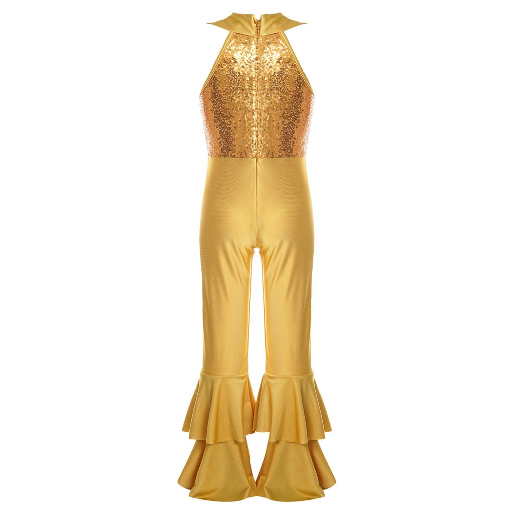 Kids Girls Unitards Bodysuit Sleeveless Tiered Bell-bottom Pants Style Dance Gymnastic Leotard Jumpsuit