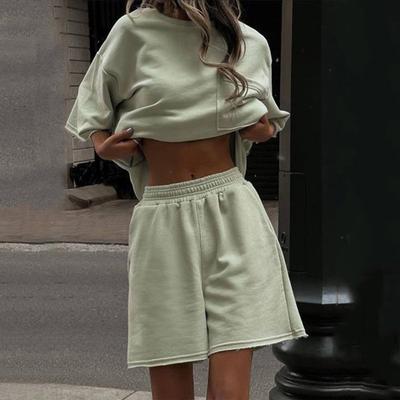 Женский повседневный комплект из 2 предметов: топ с круглым вырезом, короткий рукав, эластичный пояс, шорты, летний спортивный костюм для отдыха