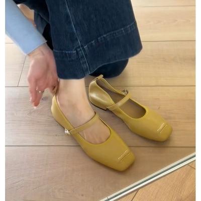 Туфли Мэри Джейн женские новые из мягкой кожи желтые ретро на плоской подошве с квадратной пряжкой
