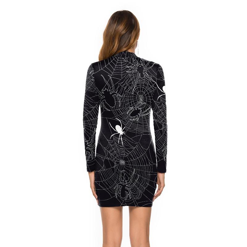 Hot-selling Halloween Women's Clothing, Spider Web Print Hip-wrapped Women's Long-sleeved Slim-fit Dress