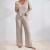 Autumn and Winter Women's Knitted Pit Stripe Milled Long Sleeve Suit V-Neck Loose Casual Pant Suit