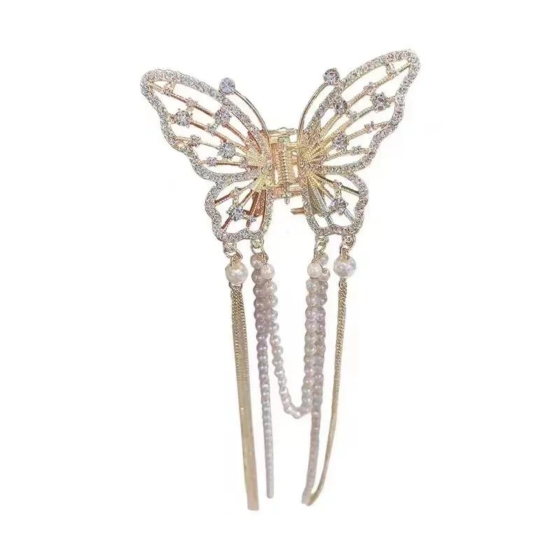 2025 New Super Immortal Hollow Butterfly Tassel Women's Grab Clip Half Tie Hair Fashion Girl Pearl Pendant Hair Card Shark Clip