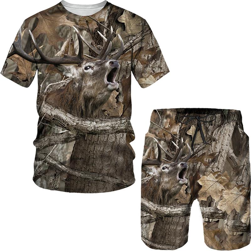 Summer Casual Camouflage Hunting Animal Wild Boar 3D T-Shirt Fashion Men's Tracksuit Short Sleeve Sportwear Men Clothing Suit