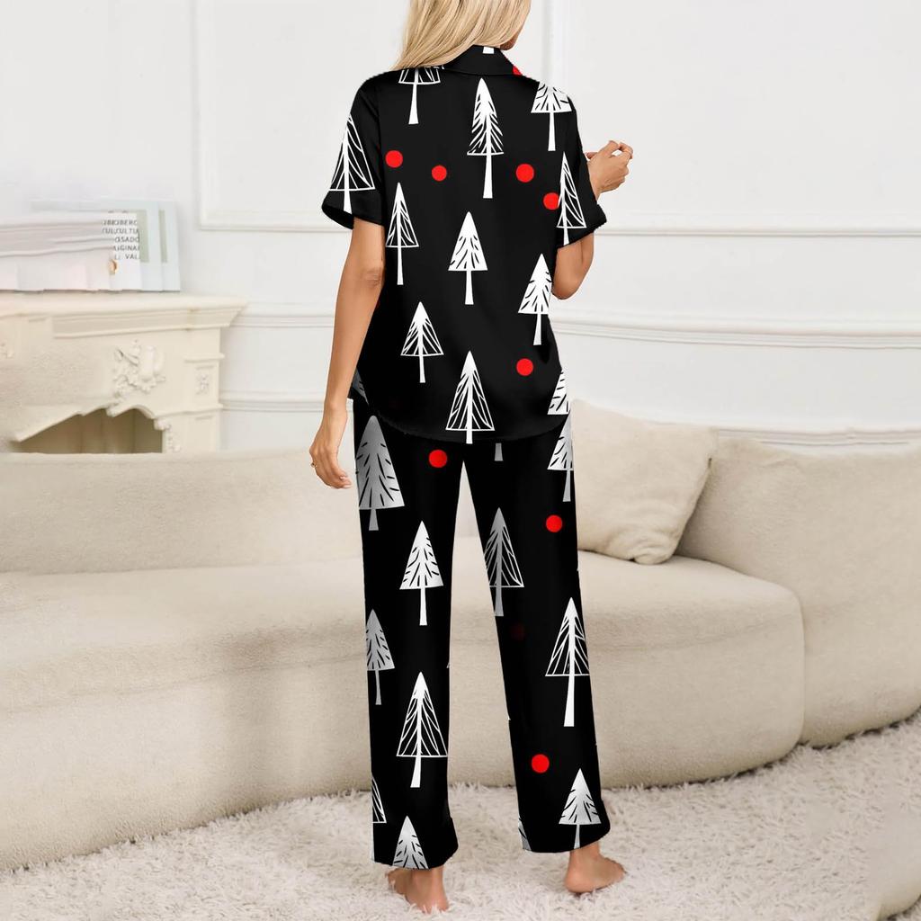 Women's Christmas Print Pajama Set Women's Short Sleeve Long Pants Two-piece Set Button-up Home Clothes