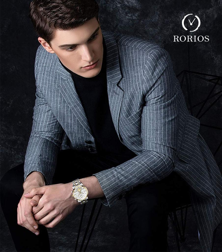 Часы RORIOS мужские аналоговые кварцевые часы светящиеся часы скелетон украшение хронограф мужские часы бизнес браслет из нержавеющей стали