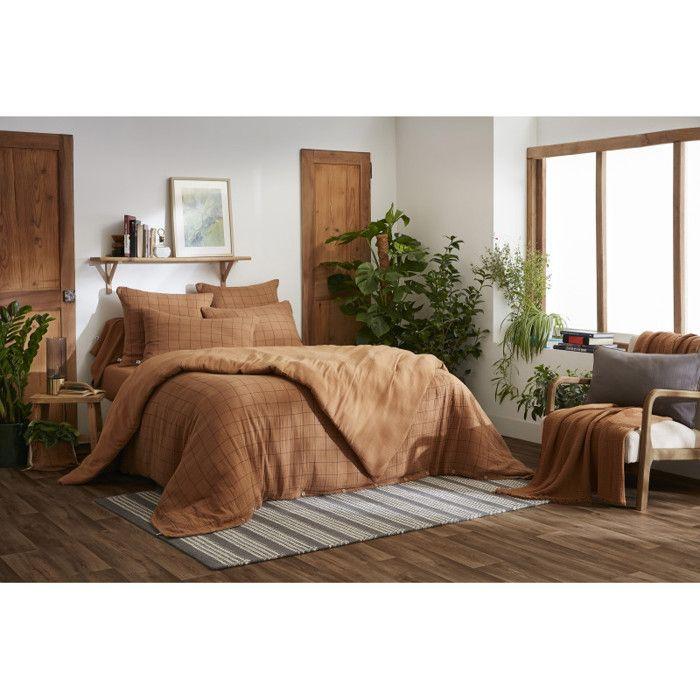 Housse de couette réversible "Gaïa Match" Tissé-teint grands carreaux toutes dimensions "Gaze de Coton" - 200x200 - Camel