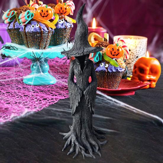 Halloween Tree Root Witch Statue Spooky Black Witch Figurine Resin