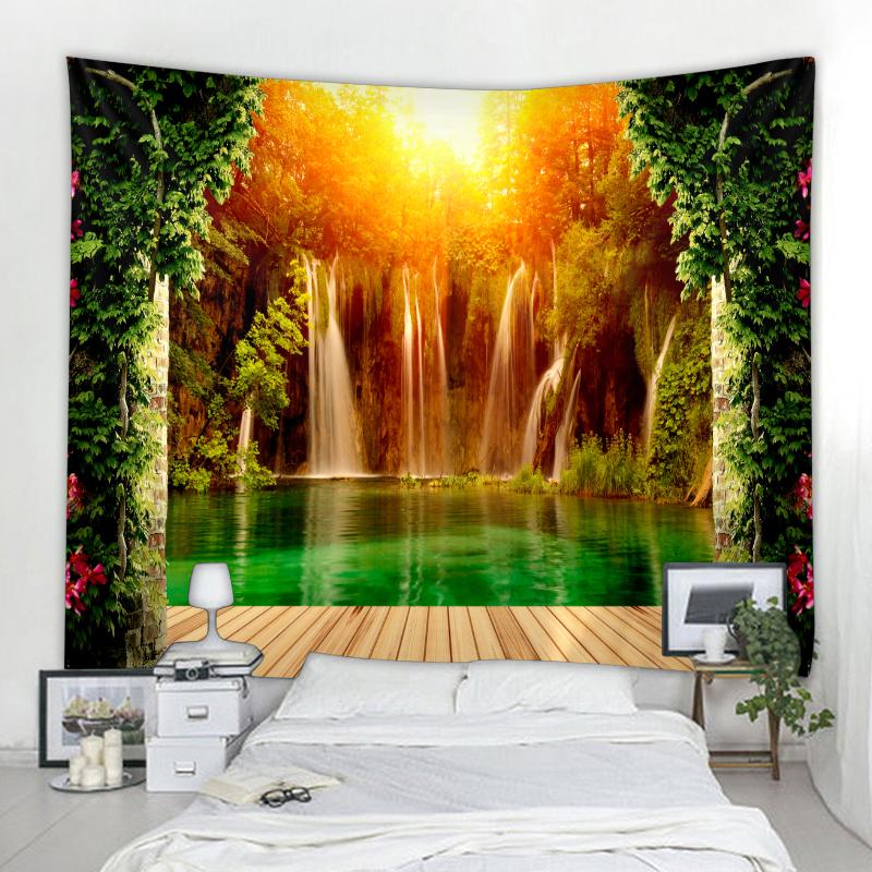 Лес, горный ручей, водопад, пейзажный декор, гобелен, настенный фон, ткань, декор в стиле бохо, эстетика комнаты, домашний декор