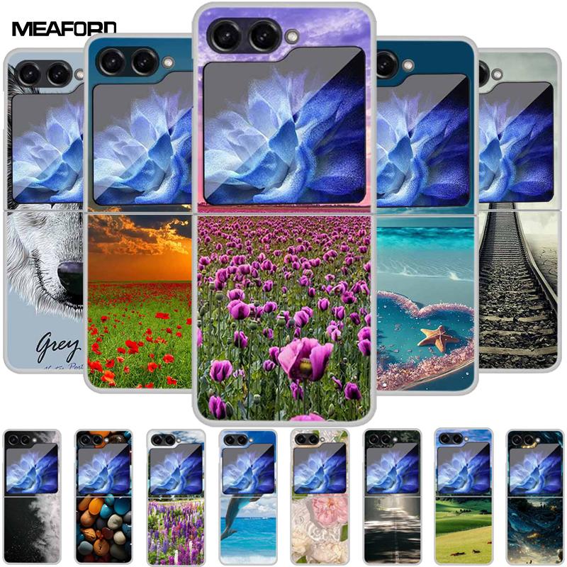 For Samsung Z Flip5 5G Case Transparent Hard PC Plastic Coque for Samsung Galaxy Z Flip 5 5G Cover Wolf Cats Zflip5 Shockproof