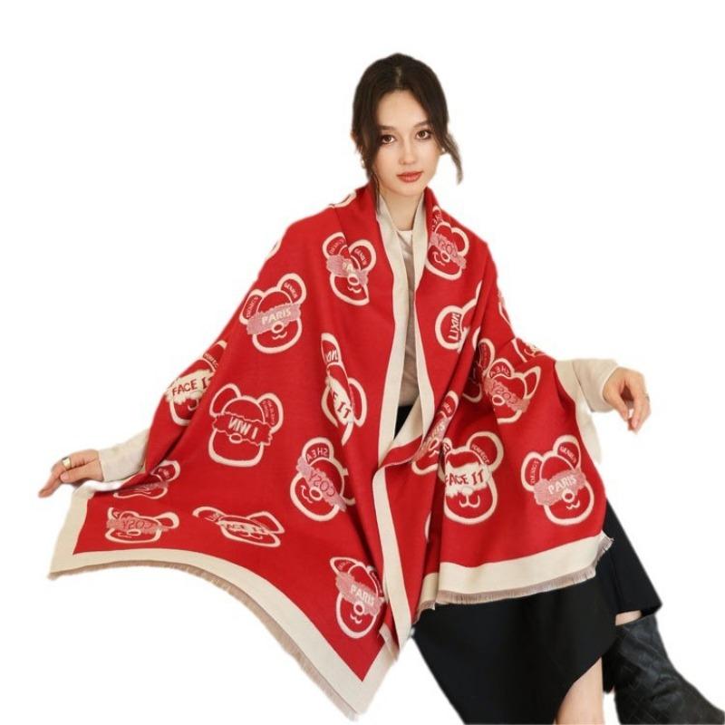 Autumn and Winter New Cartoon Bear Jacquard Scarf Women's Thickened Versatile Imitation Cashmere Scarf Winter Warm Shawl