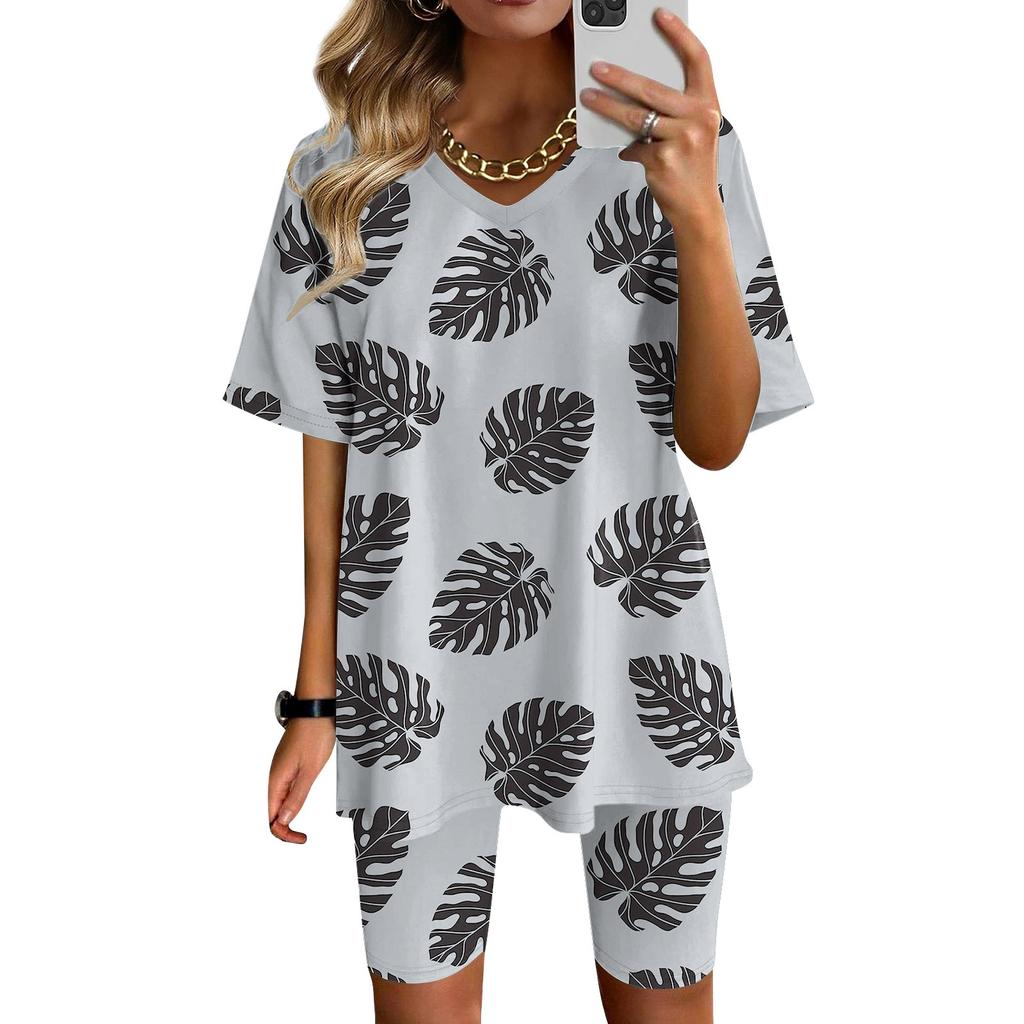 Womens Loungewear Two Piece Outfits For Women Summer V Neck T-Shirt Tops Shorts Workout Sports Tracksuit