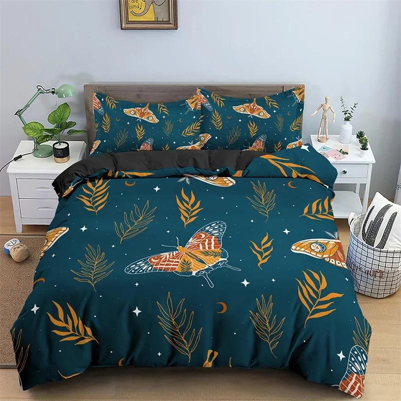 Butterfly Bedding Set Full King Size Hippie Boho Moth Duvet Cover Microfiber Animal Botanical Psychedelic Starry Sky Quilt Cover
