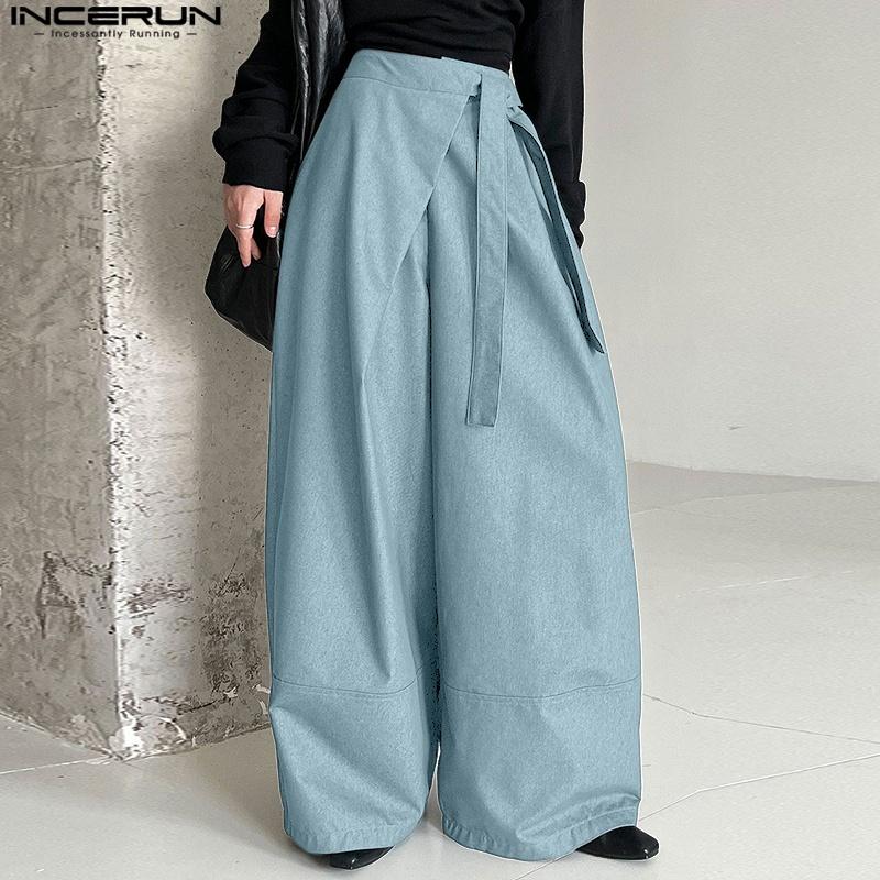 INCERUN Мужские повседневные брюки на шнуровке с запахом на талии, длинные брюки широкого кроя