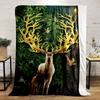 Glowing antlers, leafy forest backdrop, birds, and two deer in focus. for all seasons blanket lunch break throw gift