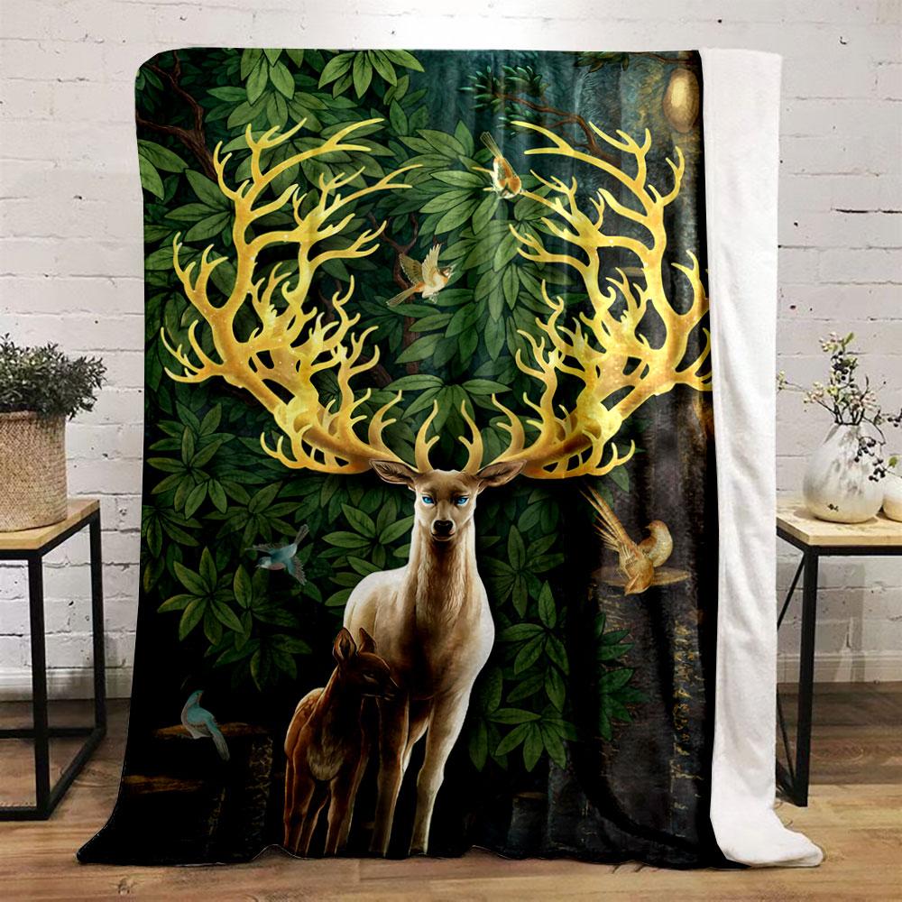 Glowing antlers, leafy forest backdrop, birds, and two deer in focus. for all seasons blanket lunch break throw gift