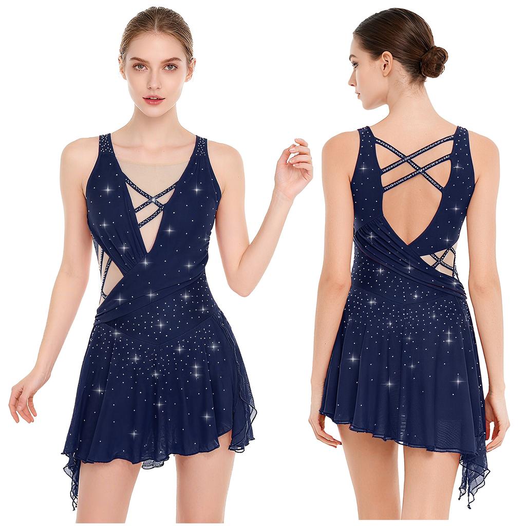 Женское танцевальное платье, украшенное стразами - Без спины с боковым разрезом, Струящийся асимметричный подол, Встроенная ластовица и кнопки для сценических мероприятий