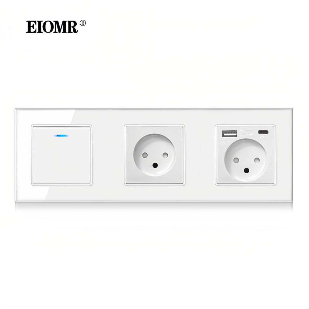 EIOMR 16A Израильская настенная розетка, USB A C порт для зарядки, Белая панель из хрустального стекла, Одиночная, Двойная, Тройная, Израильский тип C розетка