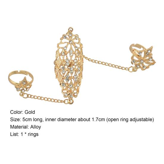Открывающееся кольцо со стразами, из сплава, золотистого цвета, с ажурным листом, двойное кольцо-цепочка на два пальца для свиданий