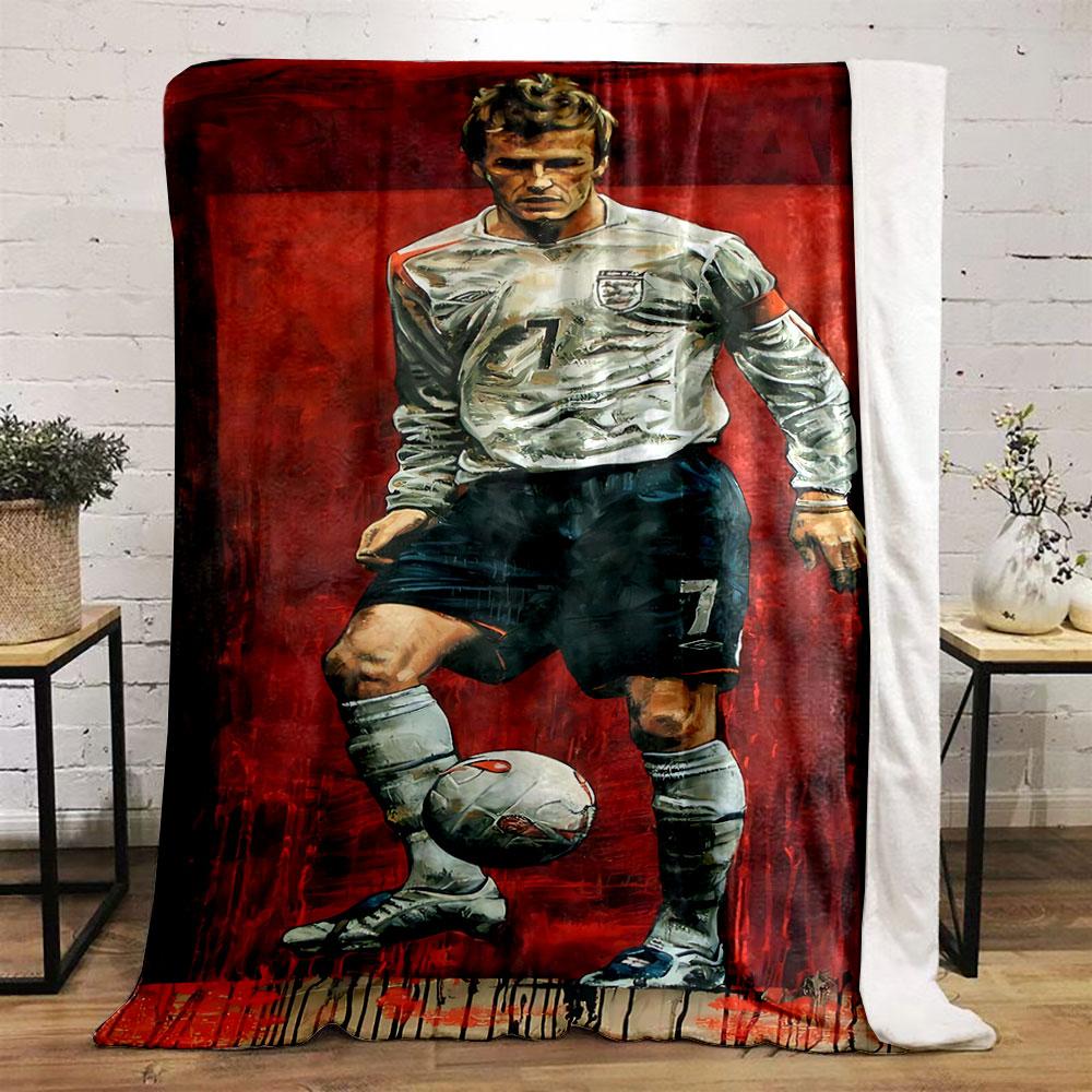 A dynamic soccer portrait with bold red background and painted textures. for all seasons blanket lunch break throw gift