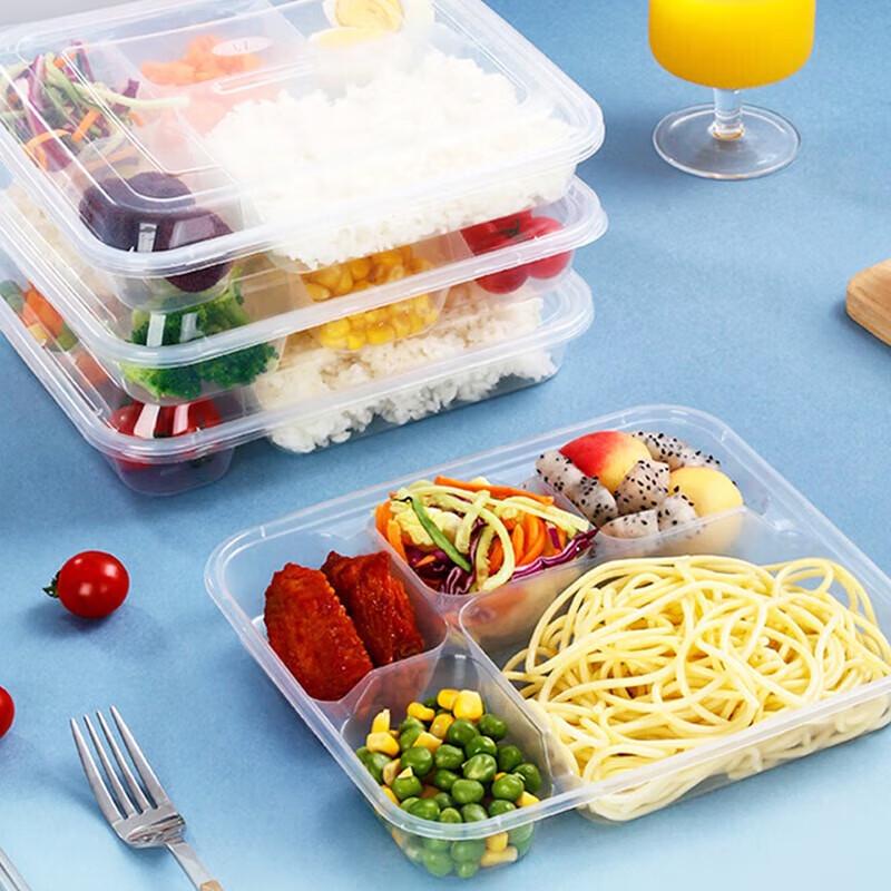 Fangcaodi Disposable 5-Compartment Square Plastic Lunch Box with Lids, 200 Sets
