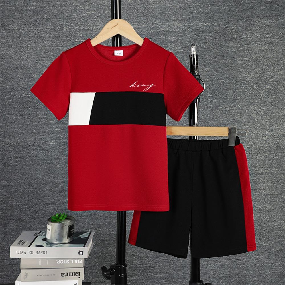 Летний детский повседневный комплект из шорт с коротким рукавом в стиле color block