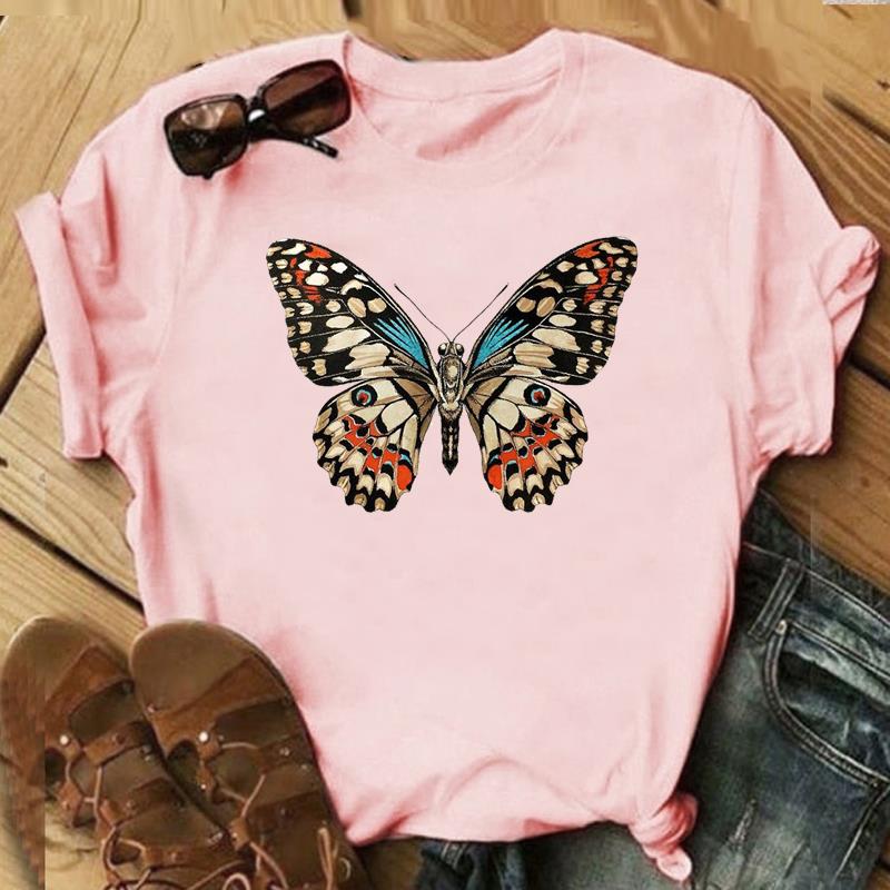 (Asian Size)Tee Top Butterfly Lovely Style Cute 90s Clothing Casual Short Sleeve Women Print Lady Fashion T Shirt Female Graphic T-shirt