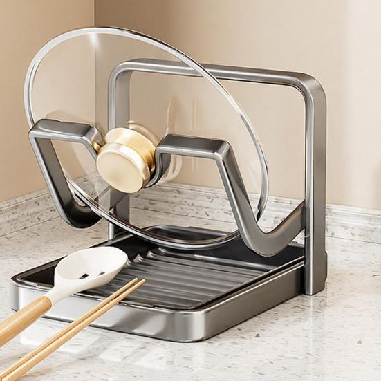Yousheng Настольный органайзер для крышек от кастрюль, подставка для хранения крышек от сковородок со съемным поддоном для капель и подставкой для ложки, органайзер для кухонной столешницы во время приготовления пищи для крышек