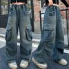 Teenage Girls Jeans with Big Pocket Four Seasons High Waist Fashion Blue Cargo Denim Pants Sale Wide Leg Trousers