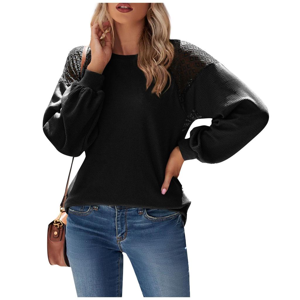 Women's Fashion Casual Solid Color Striped Round Neck Pullover Lace Long Sleeve Top T-shirt