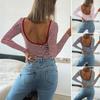 Ladies Spring Autumn Long Sleeve Round Collar Backless Striped Slim Fit Pullover Bare Midriff T Shirt Top