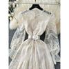 French Style Elegant Dress Women Spring High-Grade Heavy Embroidery Mesh Waist Hugging Slimming Puffy Fairy Long Skirt