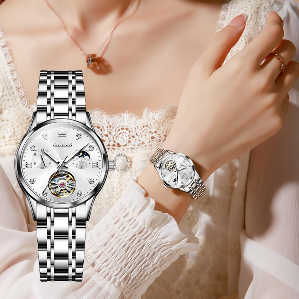 Женские механические часы OLEVS, автоматические, симпатичные, женские часы, водонепроницаемые, светящиеся, бриллиантовые, сверкающие, женские часы с датой, белые